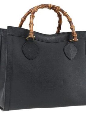 GUCCI Bamboo Hand Bag Leather Black Gold 002